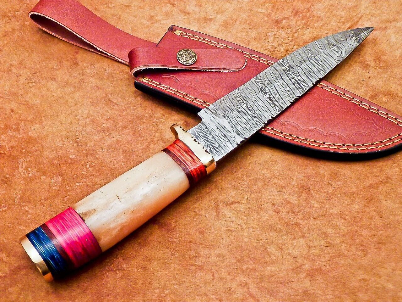 12" Damascus Steel Bowie Knife | Camel Bone & Hardwood Handle