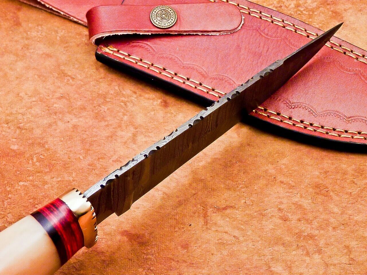 12" Damascus Steel Bowie Knife | Camel Bone & Hardwood Handle
