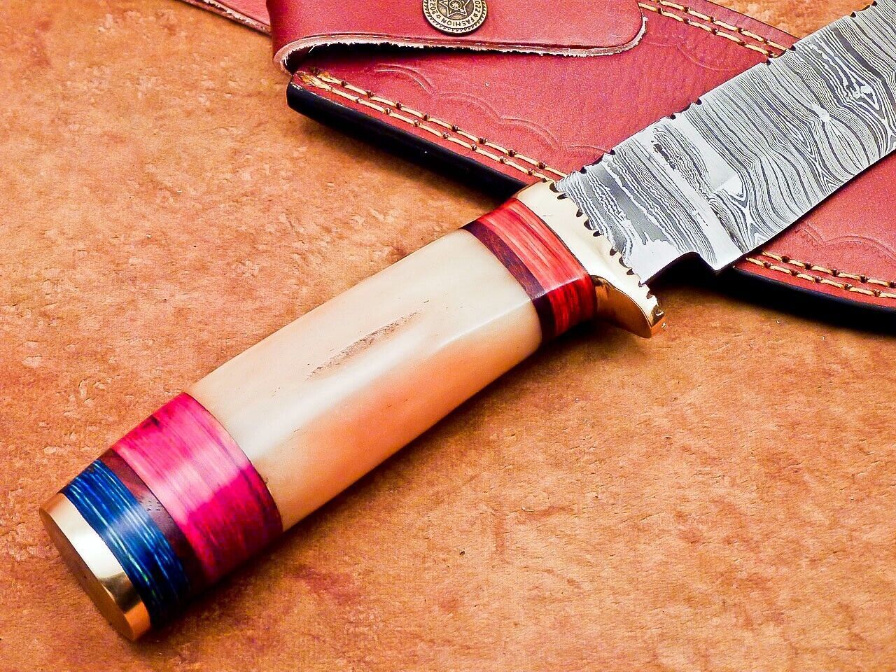 12" Damascus Steel Bowie Knife | Camel Bone & Hardwood Handle