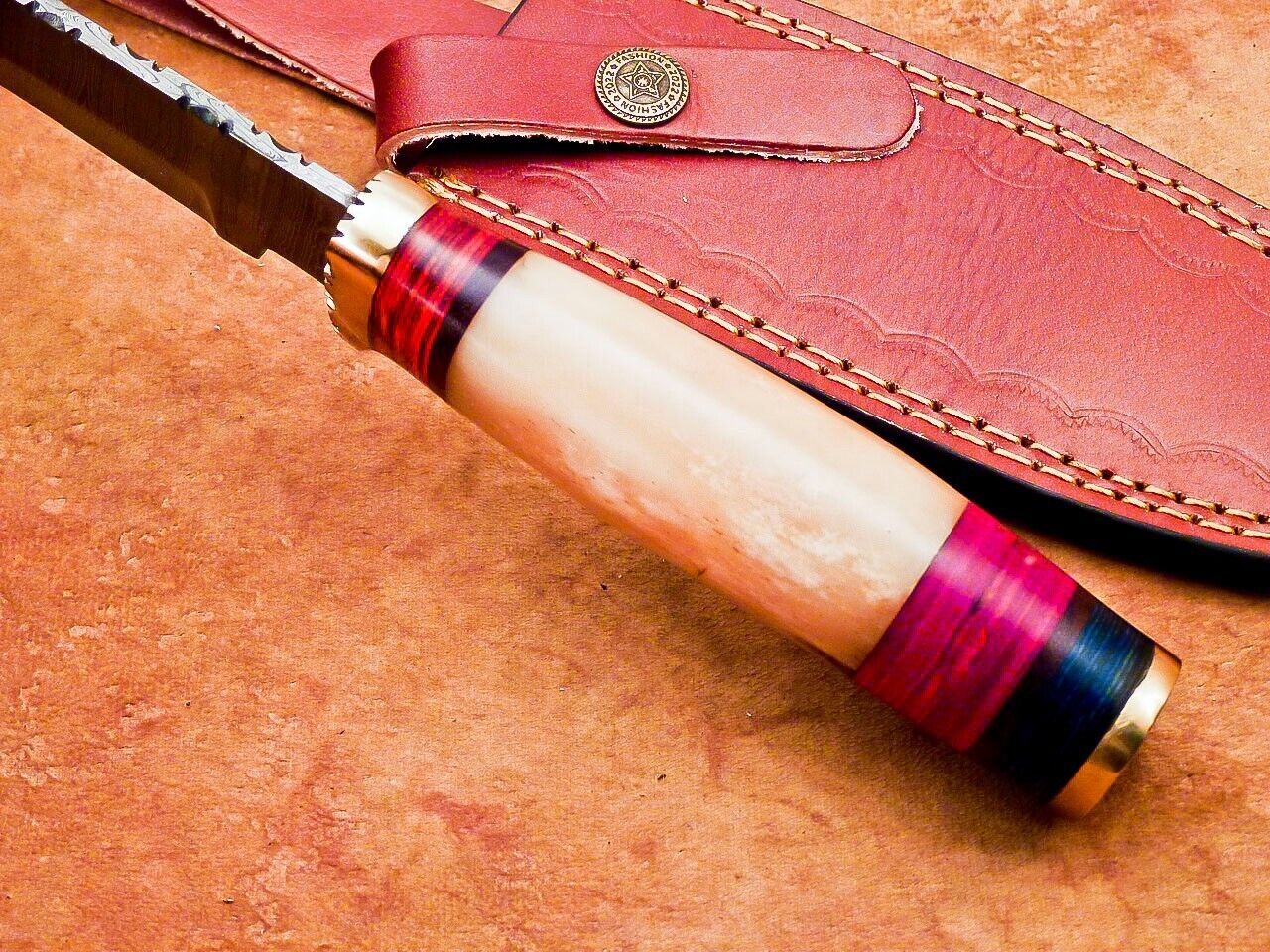 12" Damascus Steel Bowie Knife | Camel Bone & Hardwood Handle