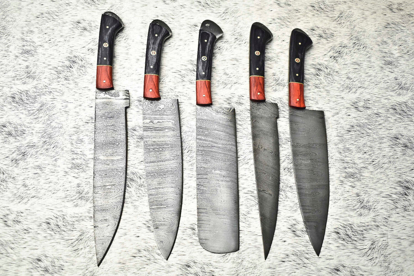 Lot of 5 Custom Handmade Hammered Damascus Steel Chef Knife Set – Kitchen Cutlery