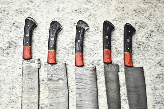 Lot of 5 Custom Handmade Hammered Damascus Steel Chef Knife Set – Kitchen Cutlery