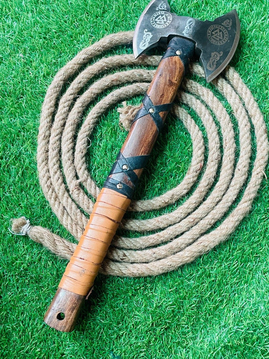 27" Handmade Carbon Steel Viking Double Head Bearded Tomahawk Axe with Wooden Handle and Leather Sheath