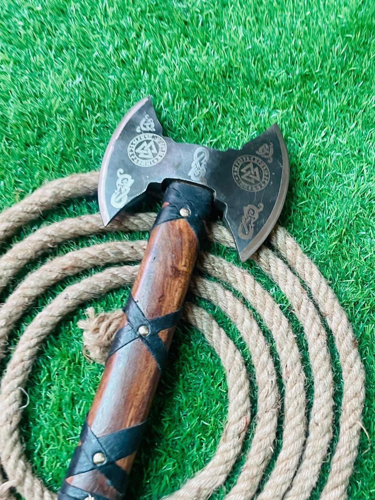 27" Handmade Carbon Steel Viking Double Head Bearded Tomahawk Axe with Wooden Handle and Leather Sheath