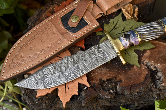 Hand Forged Damascus Bowie Knife with Camel Bone Handle