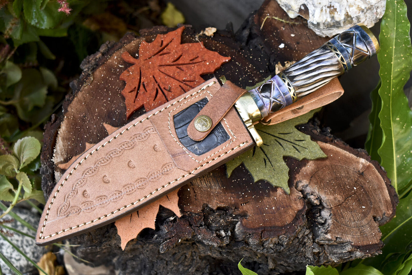 Hand Forged Damascus Bowie Knife with Camel Bone Handle