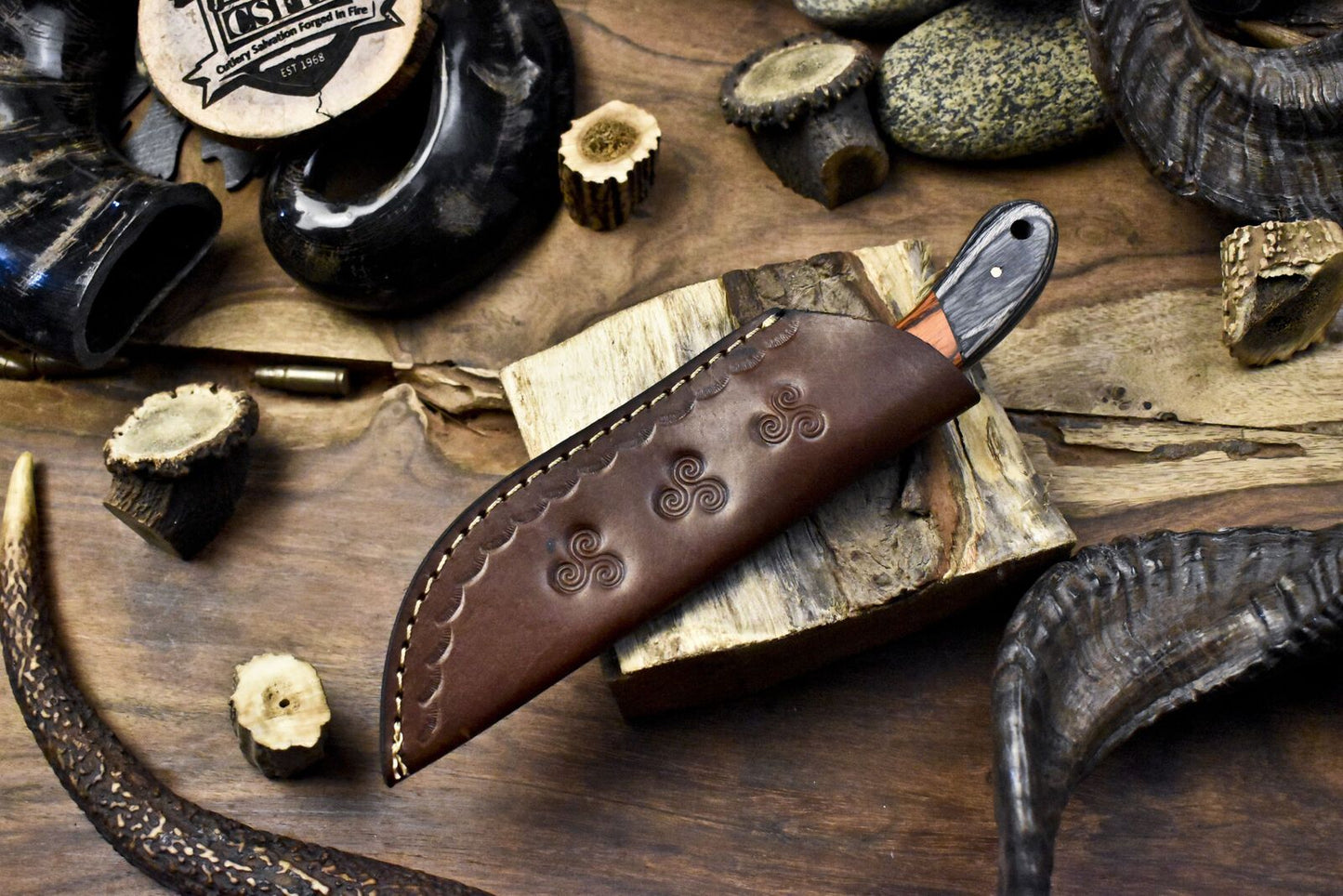 9" Edge Forged AUS-8 Steel Skinner Knife – Hardwood Handle with Leather Sheath