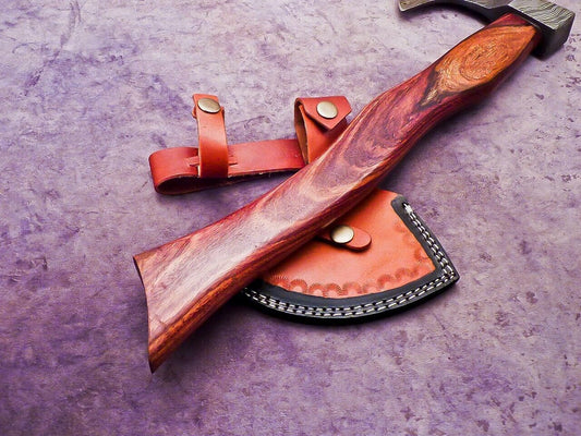 Handmade Damascus Steel Mini Axe with Natural Wood Handle and Leather Sheath