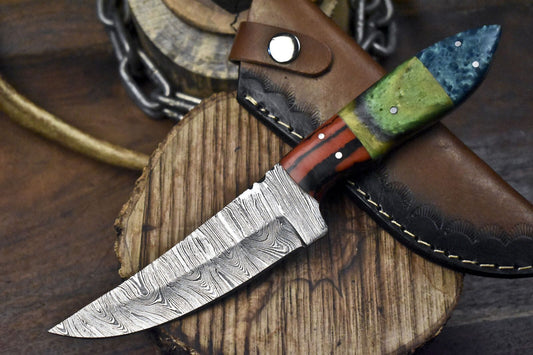 Forged Twist Damascus Skinner Knife with Corian Handle and Micarta Bolster – Outdoor Hunting Essential