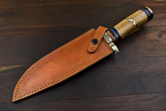 12.6" Handmade Damascus Bowie Knife – Olive Wood Handle Hunting & Throwing Knife