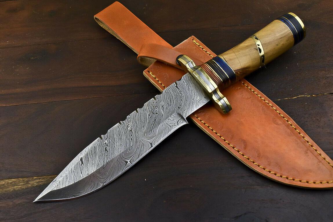 12.6" Handmade Damascus Bowie Knife – Olive Wood Handle Hunting & Throwing Knife