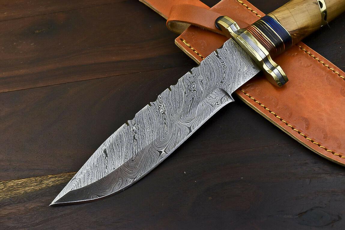 12.6" Handmade Damascus Bowie Knife – Olive Wood Handle Hunting & Throwing Knife