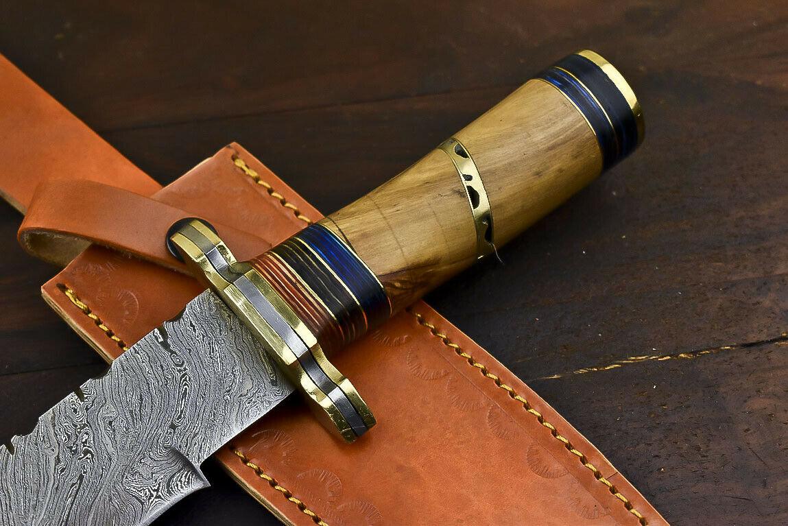 12.6" Handmade Damascus Bowie Knife – Olive Wood Handle Hunting & Throwing Knife