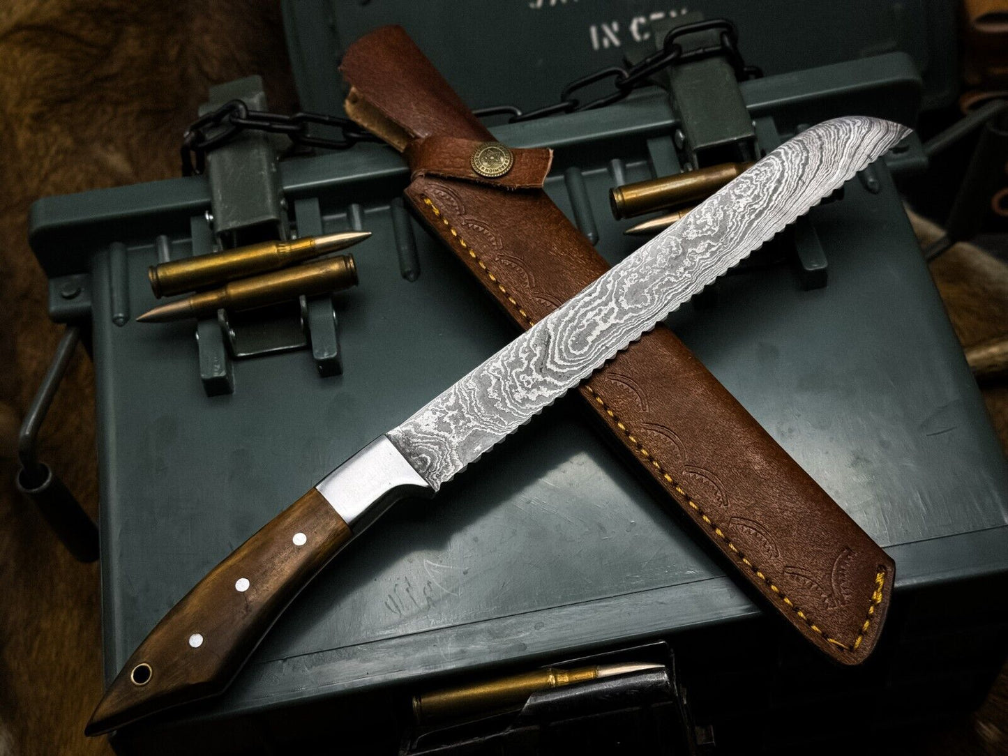 Premium Handmade Damascus Steel Bread Knife – Wood Handle & Leather Sheath