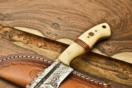 Rare Handmade Damascus Blade Camping Tracker Full Tang Knife with Leather Sheath – 384 Layer Forged Steel Outdoor Survival Hunting Knife
