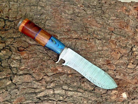 Heritage Forge Custom Hand Forged Damascus Steel Camping Hunting Knife with Wood Handle and Leather Sheath