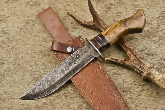 12.5" Handmade Damascus Steel Bowie Knife with Olive Wood Handle & Leather Sheath