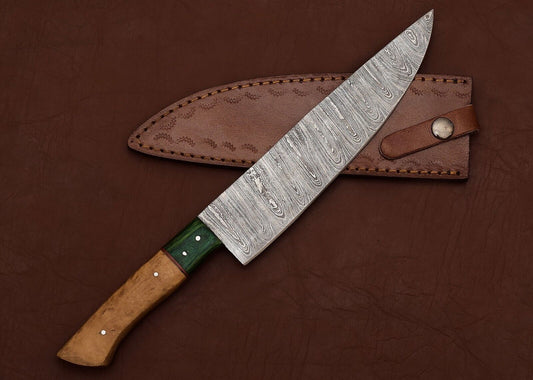 Forged Damascus Steel Chef Fillet Knife with Elegant Pakka Wood Handle & Leather Sheath