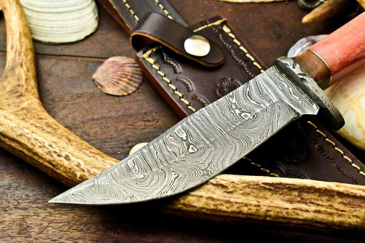 10" Handmade Damascus Bowie Knife – Camel Bone Handle & Leather Sheath