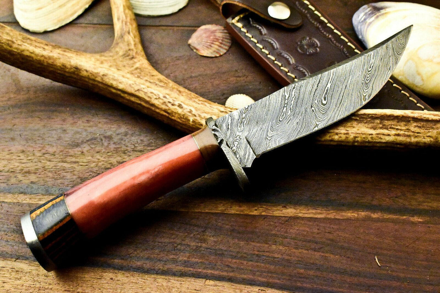 10" Handmade Damascus Bowie Knife – Camel Bone Handle & Leather Sheath