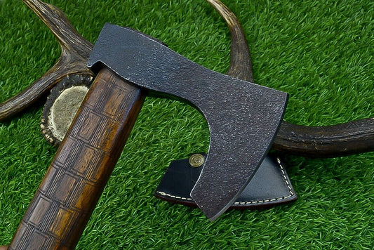 14.5 Inch Handmade Carbon Steel Viking Tomahawk Axe with Natural Wood Handle and Sheath