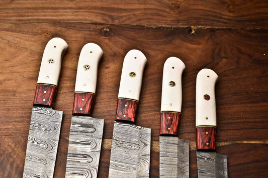 Premium 5-Piece Handmade Damascus Steel Chef Knife Set with Leather Carry Bag