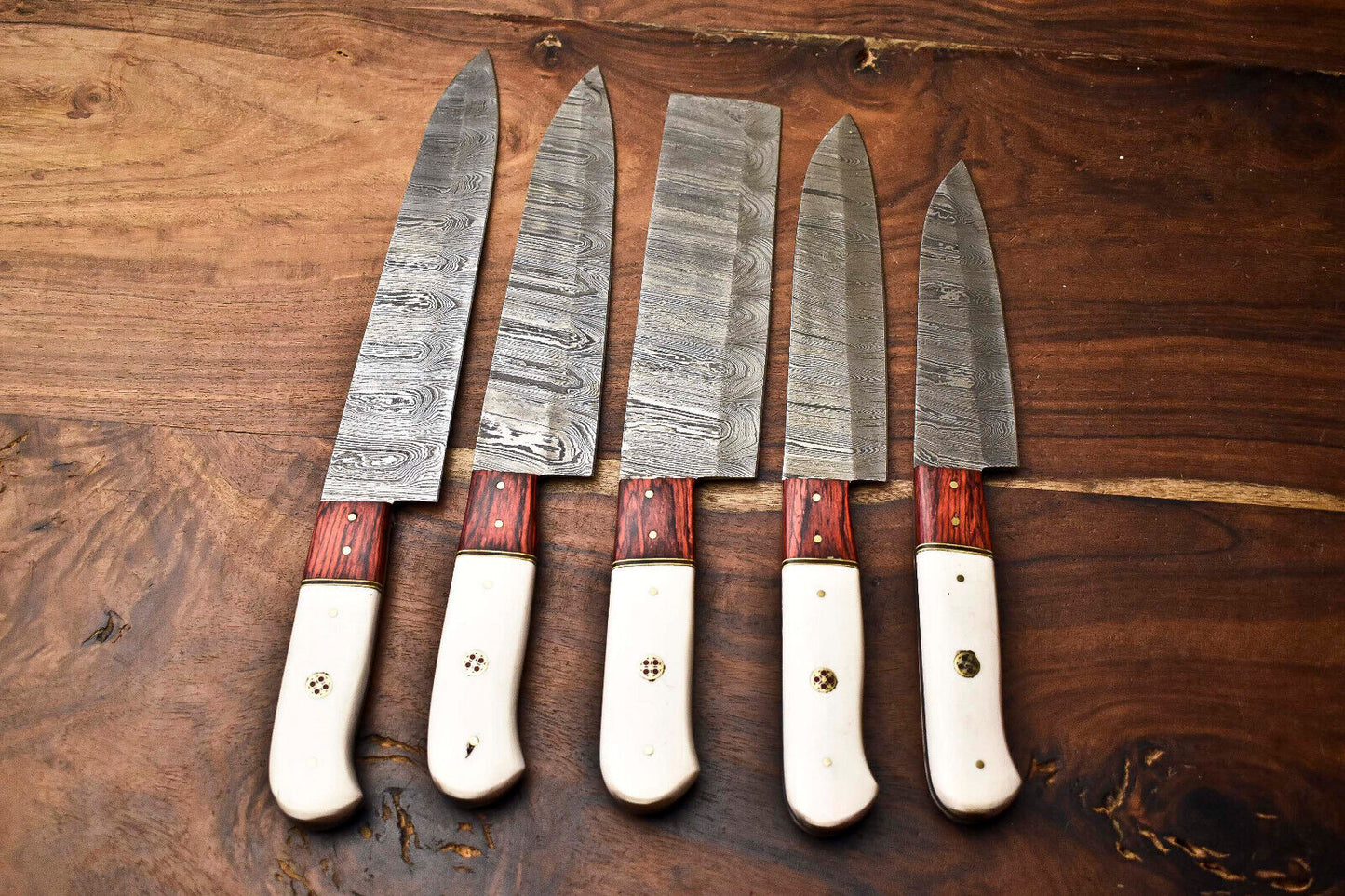 Premium 5-Piece Handmade Damascus Steel Chef Knife Set with Leather Carry Bag