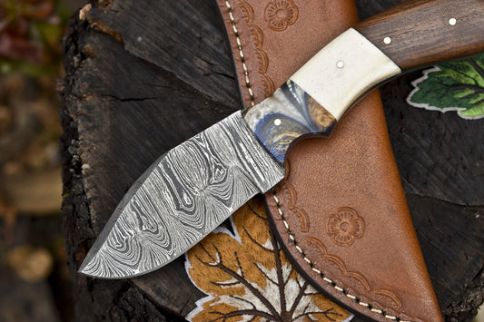 wist Damascus Skinner Knife with Bone and Wood Handle – Handmade EDC Hunting Blade