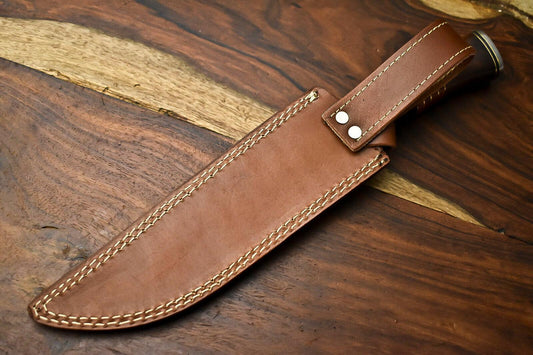 14" Damascus Bowie Knife – Camel Bone Handle & Leather Sheath
