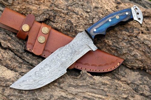 Custom Handmade Forged Damascus Steel Tracker Hunting Camping Knife – 12" Full Tang Fixed Blade with Micarta Handle & Leather Sheath