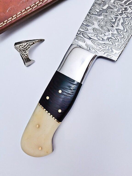 Custom Handmade Damascus Hunting & Chef Knife – 8.5" Blade with Bone & Hardwood Handle + Leather Sheath