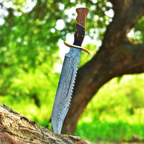 16" Wood Handle Damascus Bowie Knife – Hand Forged Hunting Rambo Blade