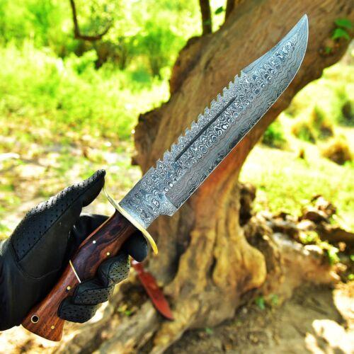 16" Wood Handle Damascus Bowie Knife – Hand Forged Hunting Rambo Blade