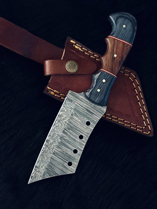 9" Custom Handmade Twist Damascus Steel Tanto Bowie Hunting Knife – Camel Bone & Wood Handle