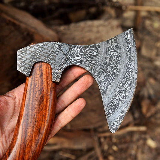 Custom Hand Forged Damascus Steel Viking Bearded Camping Hatchet Tomahawk Axe with Natural Wood Handle and Leather Sheath