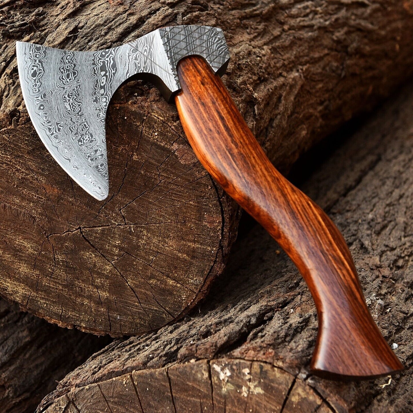 Custom Hand Forged Damascus Steel Viking Bearded Camping Hatchet Tomahawk Axe with Natural Wood Handle and Leather Sheath