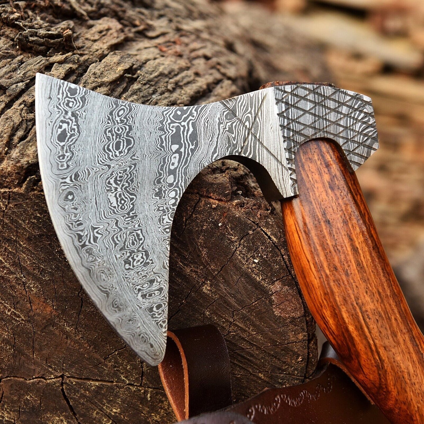 Custom Hand Forged Damascus Steel Viking Bearded Camping Hatchet Tomahawk Axe with Natural Wood Handle and Leather Sheath