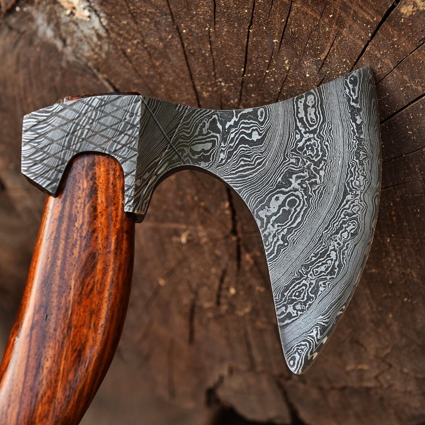 Custom Hand Forged Damascus Steel Viking Bearded Camping Hatchet Tomahawk Axe with Natural Wood Handle and Leather Sheath