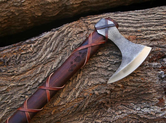 Hand Forged High Carbon Steel Viking Tomahawk with Wooden Handle and Leather Sheath