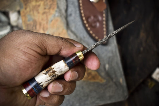 Twist Damascus Skinner Knife with Stag Antler Handle | Hand Forged EDC Knife