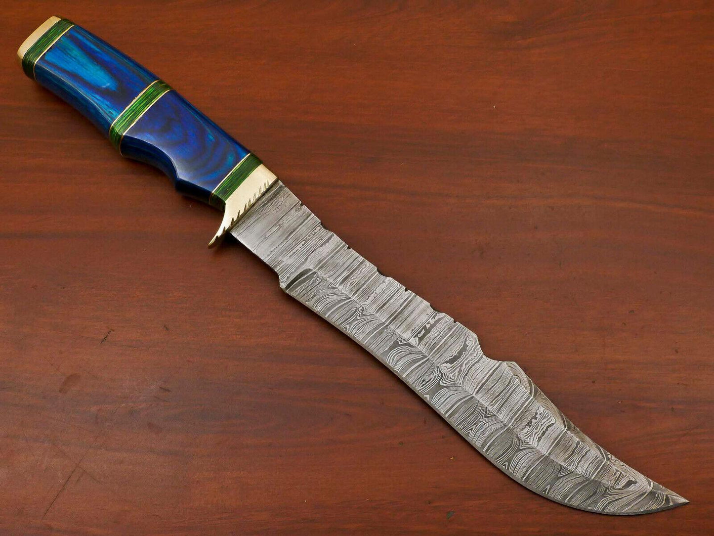 Hand Forged Damascus Bowie Hunting Knife – Hard Wood Handle