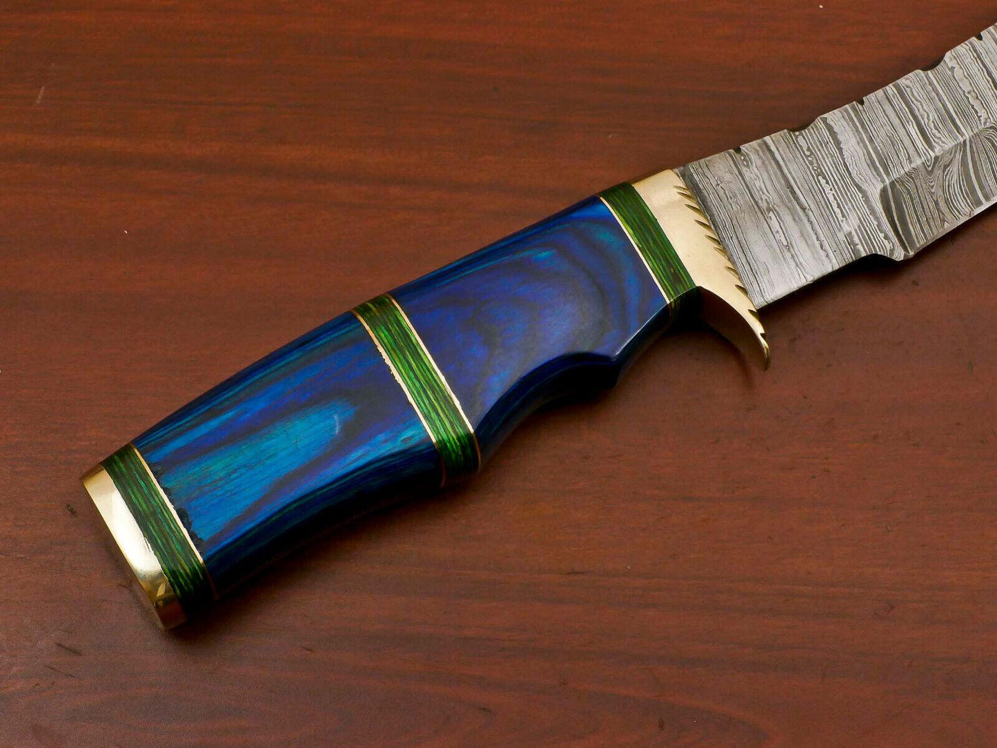 Hand Forged Damascus Bowie Hunting Knife – Hard Wood Handle