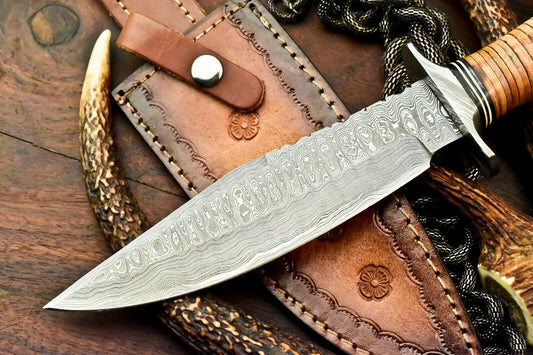 13.5" Damascus Bowie Knife | Stacked Leather & Walnut Handle