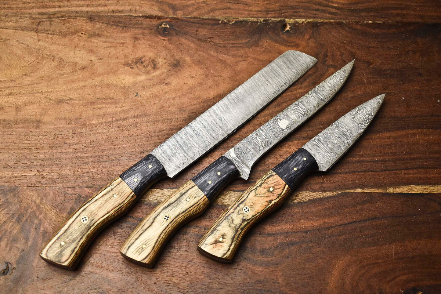 Lot Of 3 Handmade Damascus Steel Blade Chef Set Knife – Hammered Damascus, Sharp & Durable