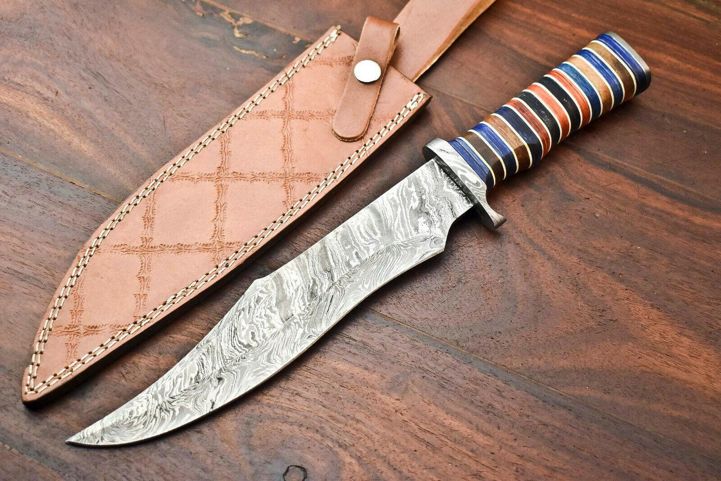 15" Damascus Steel Bowie Knife with Hardwood Handle