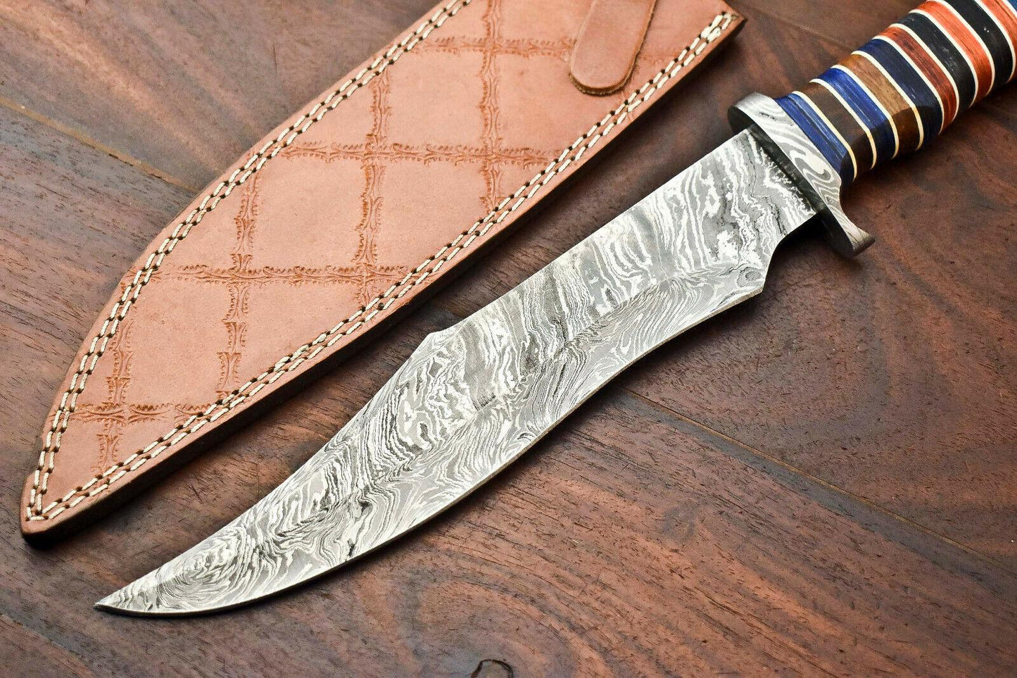 15" Damascus Steel Bowie Knife with Hardwood Handle