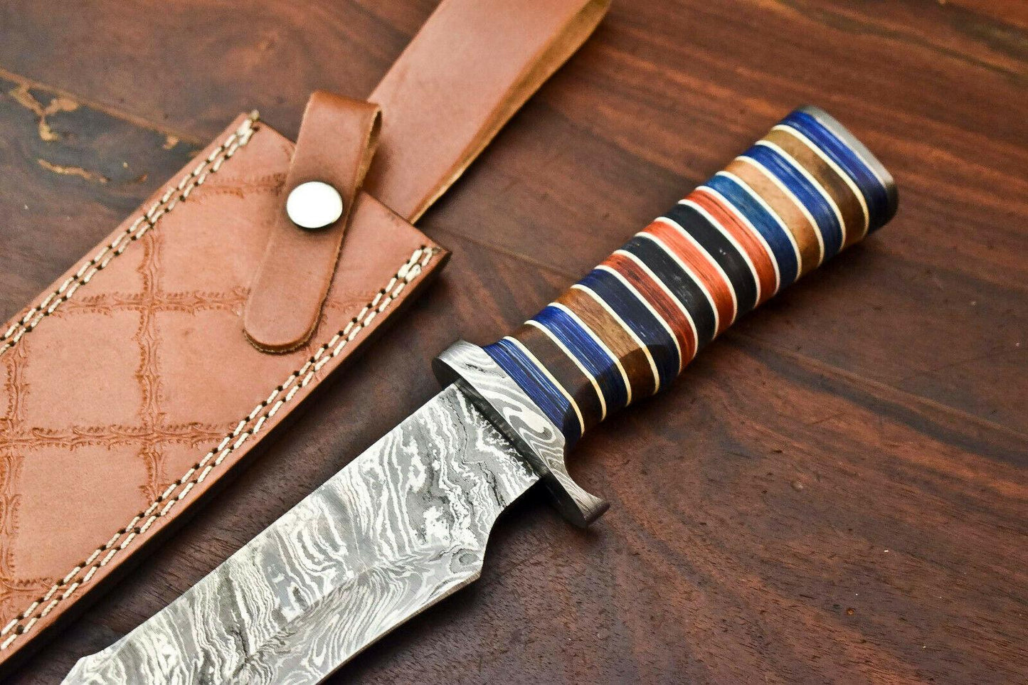 15" Damascus Steel Bowie Knife with Hardwood Handle