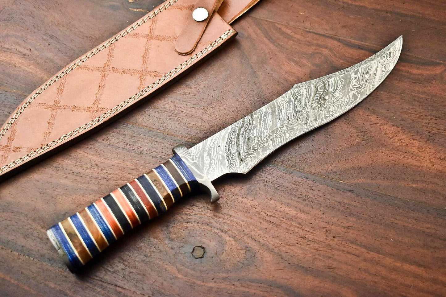 15" Damascus Steel Bowie Knife with Hardwood Handle