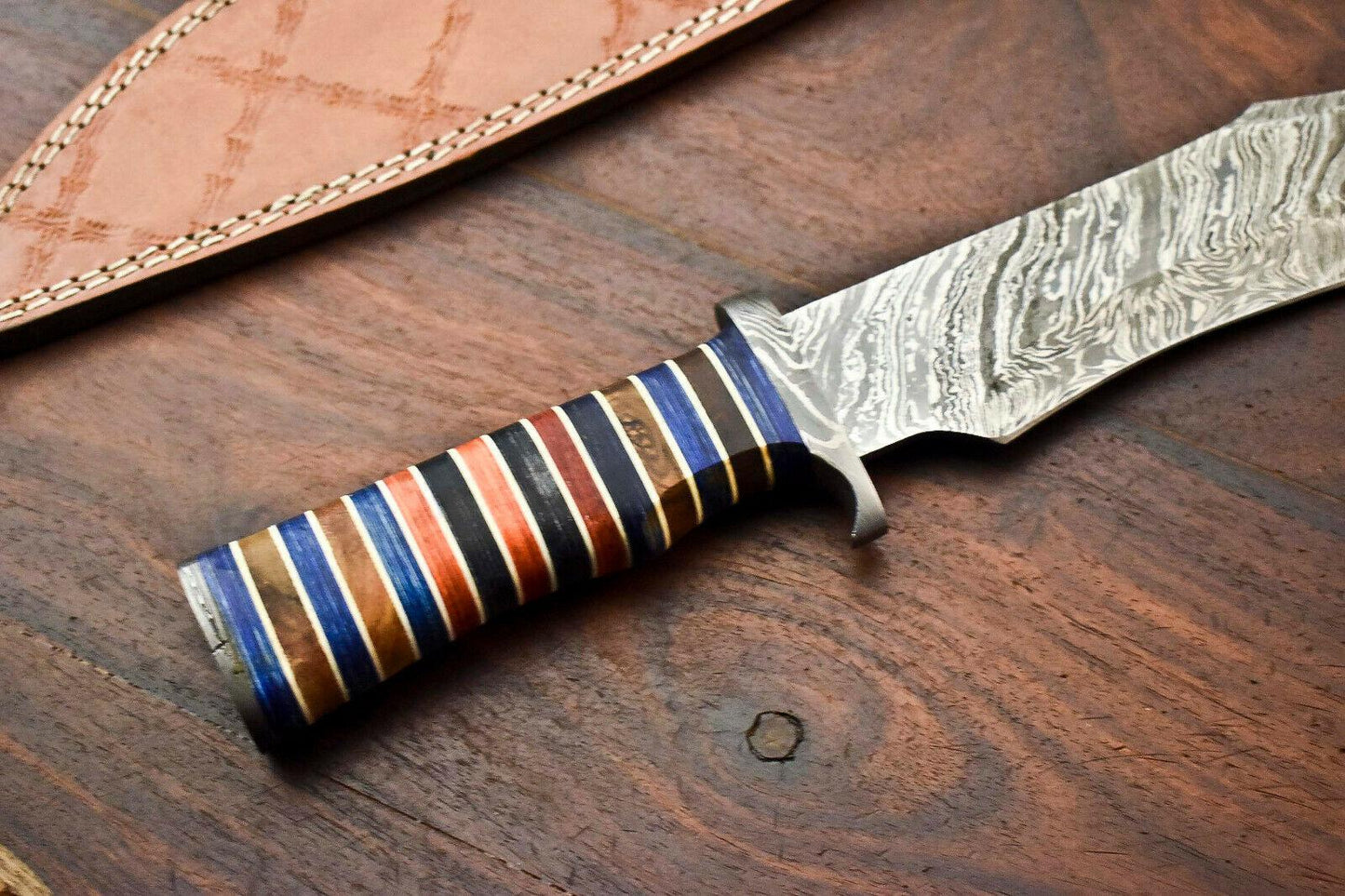 15" Damascus Steel Bowie Knife with Hardwood Handle