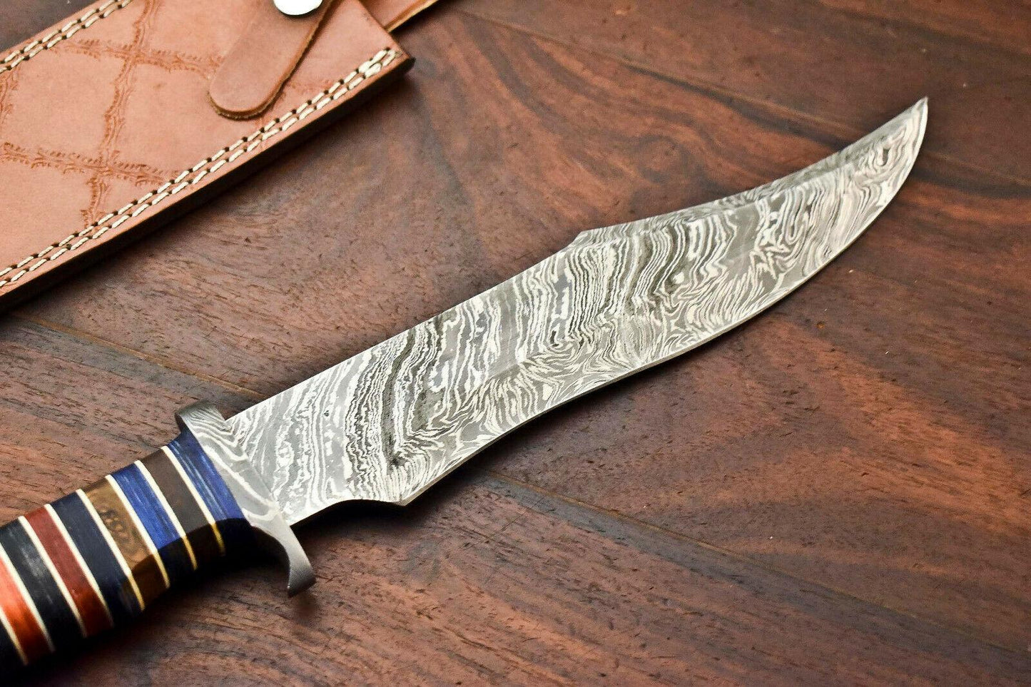 15" Damascus Steel Bowie Knife with Hardwood Handle